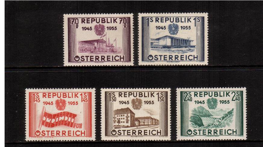 10th Anniversary of Re-establishment of Austrian Republic.<br/>A superb unmounted mint set of five.