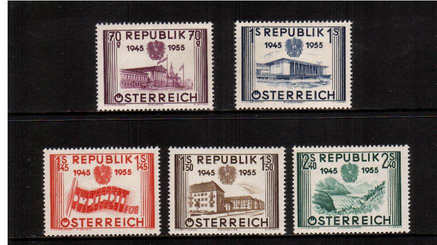 0th Anniversary of Re-establishment of Austrian Republic.<br/>A fine lightly mounted mint set of five.