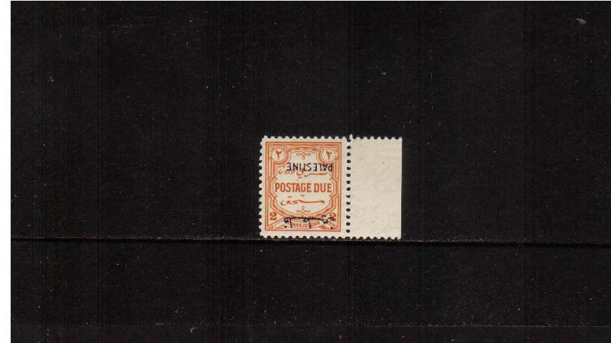 2m Orange-Yellow with PALESTINE overprint.<br/>
A superb unmounted mint right marginal single showing overprint INVERTED.